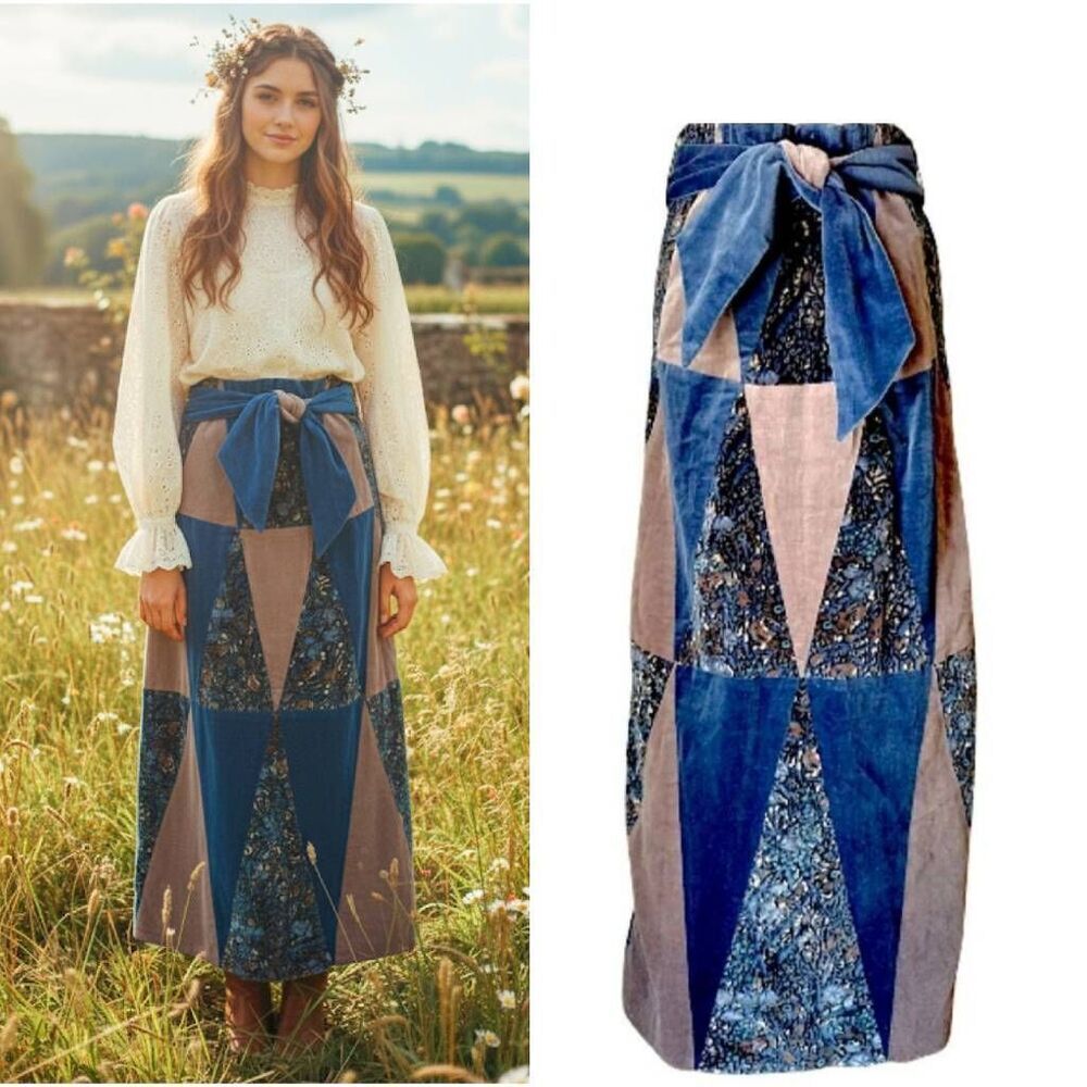 VTG 70s Glen of Michigan Blue Velvet Floral Patchwork Quilted Maxi Skirt Small‎